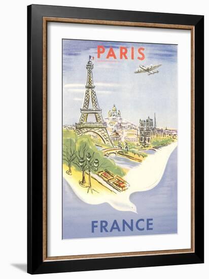 Airplane Flying over Paris, France-null-Framed Art Print