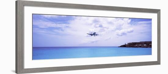 Airplane Flying over Sea, Princess Juliana International Airport, Maho Beach, Netherlands Antilles-null-Framed Photographic Print