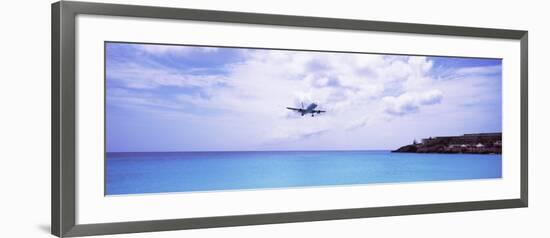 Airplane Flying over Sea, Princess Juliana International Airport, Maho Beach, Netherlands Antilles-null-Framed Photographic Print