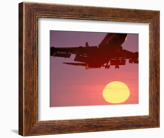 Airplane in Flight During Sunrise, Sunset-Mitch Diamond-Framed Photographic Print