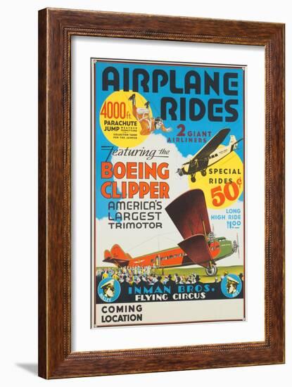 "Airplane Rides: Featuring the Boeing Clipper, America's Largest Trimotor", 1929-null-Framed Giclee Print