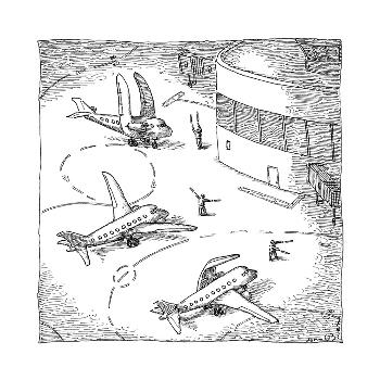 Airplanes on a runway match their wings to the shapes dictated by air-traf... - New Yorker Cartoon' Premium Giclee Print - John O'brien Airplanes on a runway match their wings to the shapes dictated by air-traf... - New Yorker Cartoon' Premium Giclee Print - John O'brien