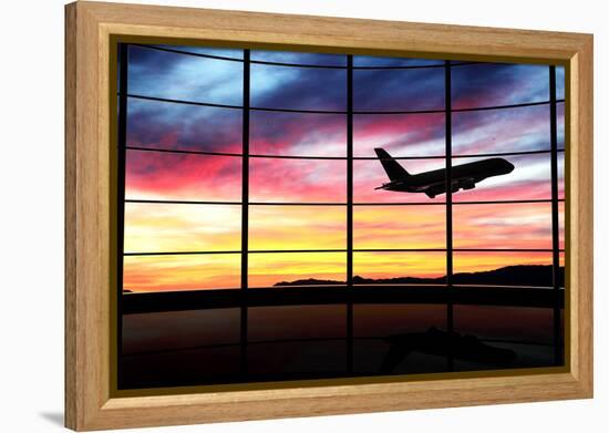 Airport Window with Airplane Flying at Sunset-viperagp-Framed Premier Image Canvas