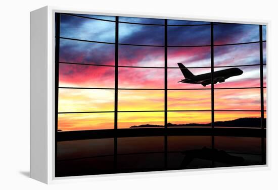 Airport Window with Airplane Flying at Sunset-viperagp-Framed Premier Image Canvas