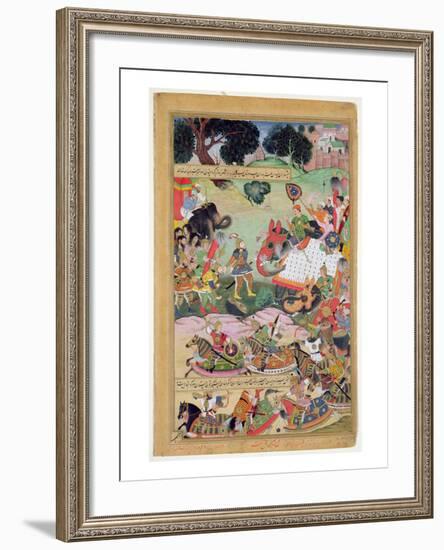 Akbar Receiving the Drums and Standards Captured from Abdullah Uzbeg, Governor of Malwa, in 1564-Mughal-Framed Giclee Print