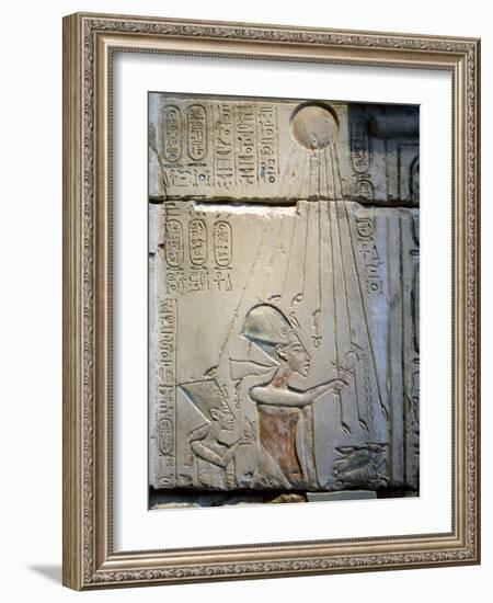 Akhenaten and Nefertiti under the rays of the Aten, Ancient Egyptian, Amarna period, c1350-1334 BC-Werner Forman-Framed Photographic Print