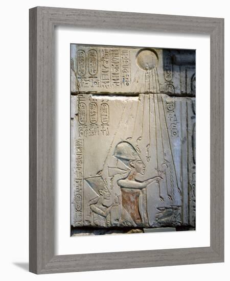 Akhenaten and Nefertiti under the rays of the Aten, Ancient Egyptian, Amarna period, c1350-1334 BC-Werner Forman-Framed Photographic Print