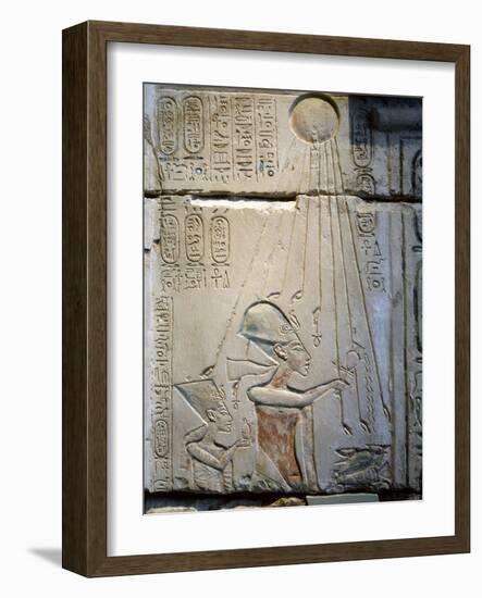 Akhenaten and Nefertiti under the rays of the Aten, Ancient Egyptian, Amarna period, c1350-1334 BC-Werner Forman-Framed Photographic Print