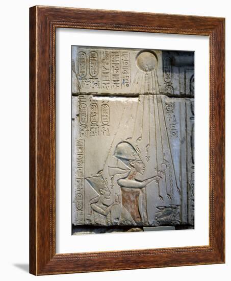 Akhenaten and Nefertiti under the rays of the Aten, Ancient Egyptian, Amarna period, c1350-1334 BC-Werner Forman-Framed Photographic Print