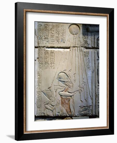 Akhenaten and Nefertiti under the rays of the Aten, Ancient Egyptian, Amarna period, c1350-1334 BC-Werner Forman-Framed Photographic Print