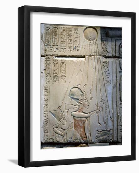 Akhenaten and Nefertiti under the rays of the Aten, Ancient Egyptian, Amarna period, c1350-1334 BC-Werner Forman-Framed Photographic Print