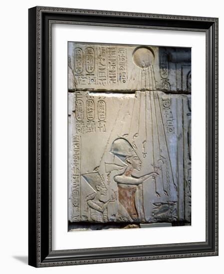 Akhenaten and Nefertiti under the rays of the Aten, Ancient Egyptian, Amarna period, c1350-1334 BC-Werner Forman-Framed Photographic Print