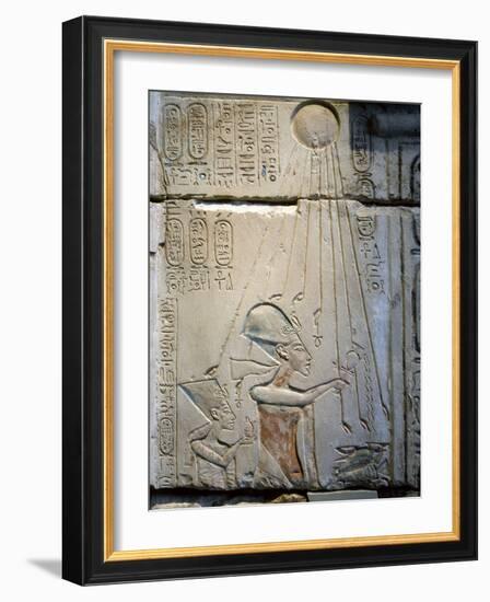 Akhenaten and Nefertiti under the rays of the Aten, Ancient Egyptian, Amarna period, c1350-1334 BC-Werner Forman-Framed Photographic Print