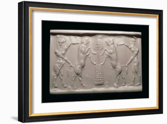 Akkadian cylinder-seal impression of a bull-man and hero. Artist: Unknown-Unknown-Framed Giclee Print