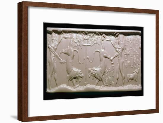 Akkadian cylinder-seal impression of a hero fighting a lion. Artist: Unknown-Unknown-Framed Giclee Print