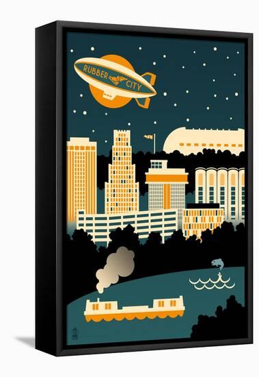 Akron, Ohio - Retro Skyline (no text)-Lantern Press-Framed Stretched Canvas