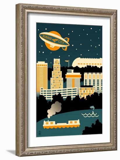 Akron, Ohio - Retro Skyline (no text)-Lantern Press-Framed Art Print