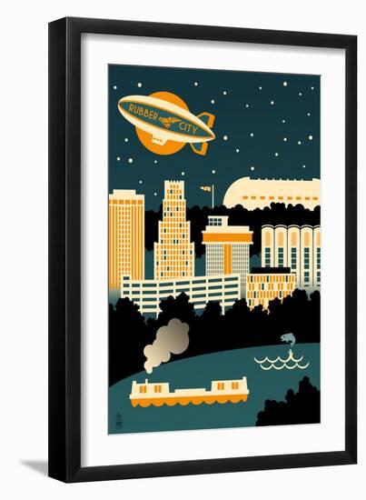 Akron, Ohio - Retro Skyline (no text)-Lantern Press-Framed Art Print