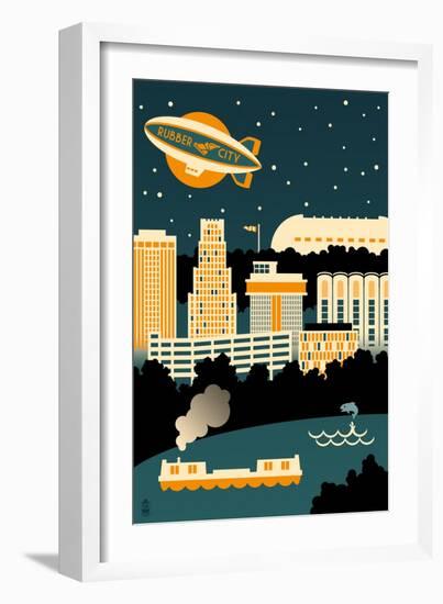 Akron, Ohio - Retro Skyline (no text)-Lantern Press-Framed Art Print