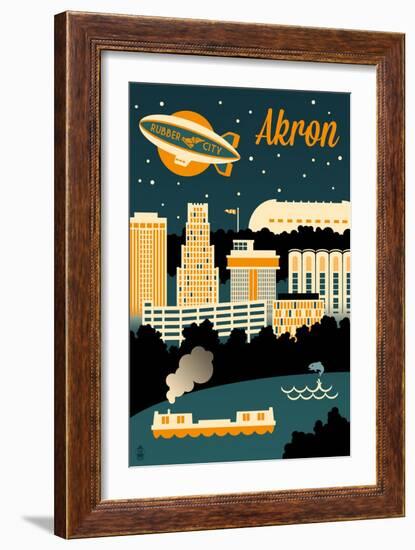 Akron, Ohio - Retro Skyline-Lantern Press-Framed Art Print