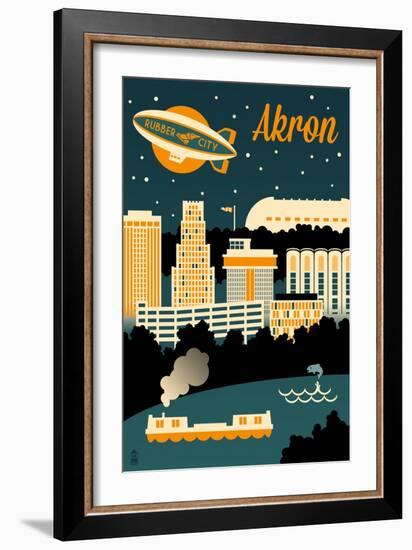 Akron, Ohio - Retro Skyline-Lantern Press-Framed Art Print