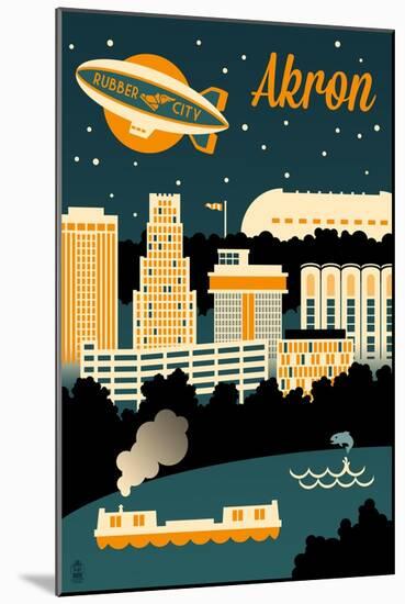 Akron, Ohio - Retro Skyline-Lantern Press-Mounted Art Print