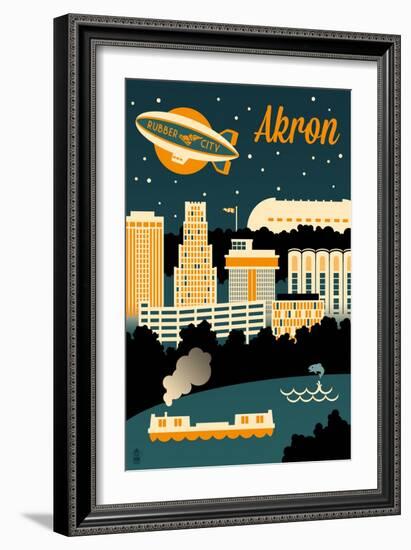 Akron, Ohio - Retro Skyline-Lantern Press-Framed Art Print