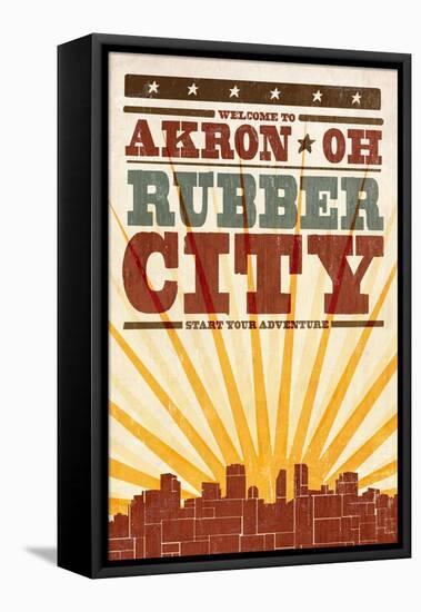 Akron, Ohio - Skyline and Sunburst Screenprint Style-Lantern Press-Framed Stretched Canvas