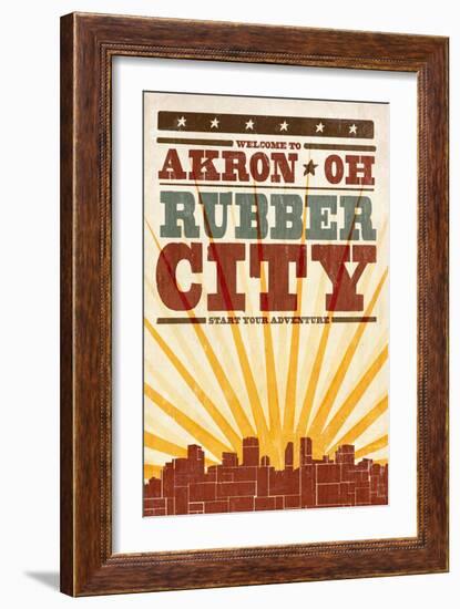 Akron, Ohio - Skyline and Sunburst Screenprint Style-Lantern Press-Framed Art Print