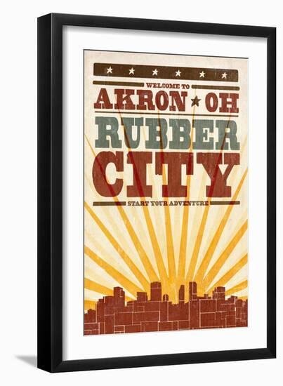 Akron, Ohio - Skyline and Sunburst Screenprint Style-Lantern Press-Framed Art Print