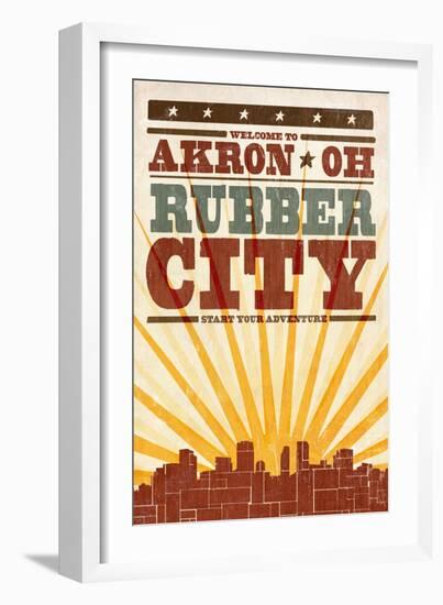 Akron, Ohio - Skyline and Sunburst Screenprint Style-Lantern Press-Framed Art Print