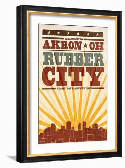 Akron, Ohio - Skyline and Sunburst Screenprint Style-Lantern Press-Framed Art Print