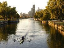 Chicago River and Skyline at Dusk with Boat-Alan Klehr-Framed Premier Image Canvas