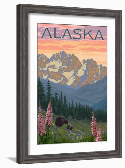 Alaska - Bear and Cubs Spring Flowers-Lantern Press-Framed Art Print