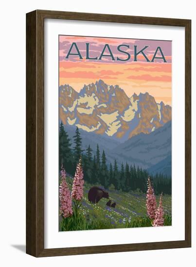 Alaska - Bear and Cubs Spring Flowers-Lantern Press-Framed Art Print