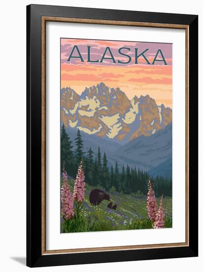 Alaska - Bear and Cubs Spring Flowers-Lantern Press-Framed Art Print