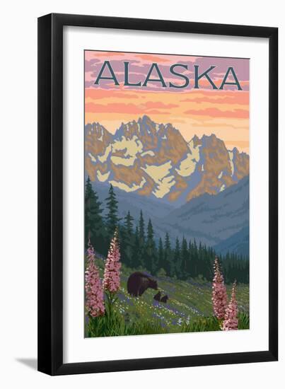 Alaska - Bear and Cubs Spring Flowers-Lantern Press-Framed Art Print