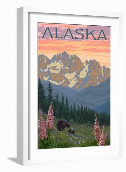 Alaska - Bear and Cubs Spring Flowers-Lantern Press-Framed Art Print