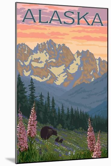 Alaska - Bear and Cubs Spring Flowers-Lantern Press-Mounted Art Print