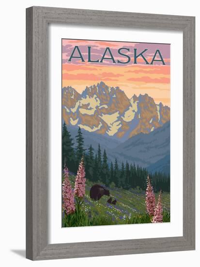 Alaska - Bear and Cubs Spring Flowers-Lantern Press-Framed Premium Giclee Print