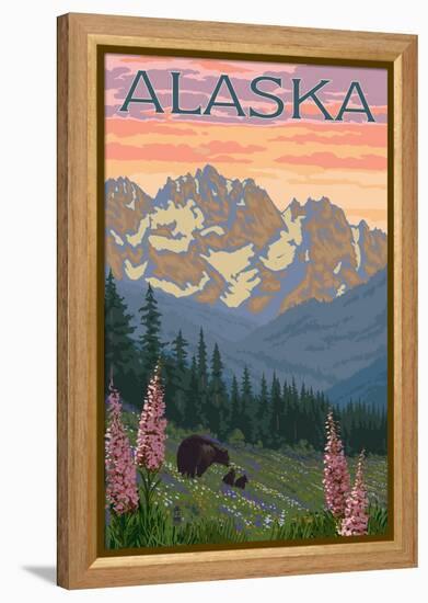 Alaska - Bear and Cubs Spring Flowers-Lantern Press-Framed Stretched Canvas