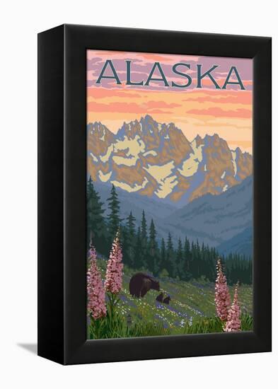 Alaska - Bear and Cubs Spring Flowers-Lantern Press-Framed Stretched Canvas