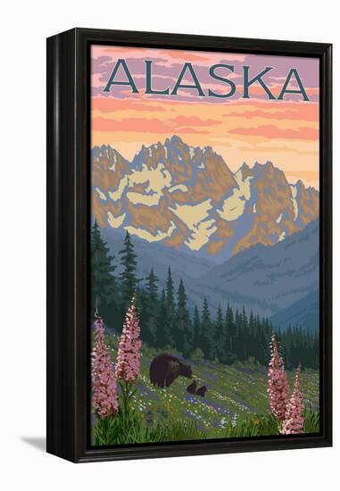 Alaska - Bear and Cubs Spring Flowers-Lantern Press-Framed Stretched Canvas