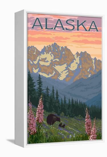 Alaska - Bear and Cubs Spring Flowers-Lantern Press-Framed Stretched Canvas