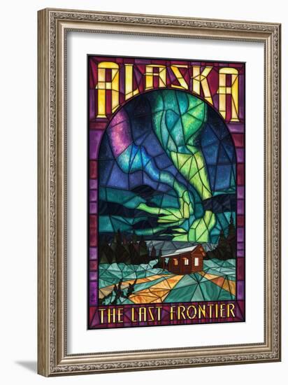 Alaska - Cabin and Northern Lights Stained Glass-Lantern Press-Framed Art Print