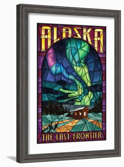 Alaska - Cabin and Northern Lights Stained Glass-Lantern Press-Framed Art Print