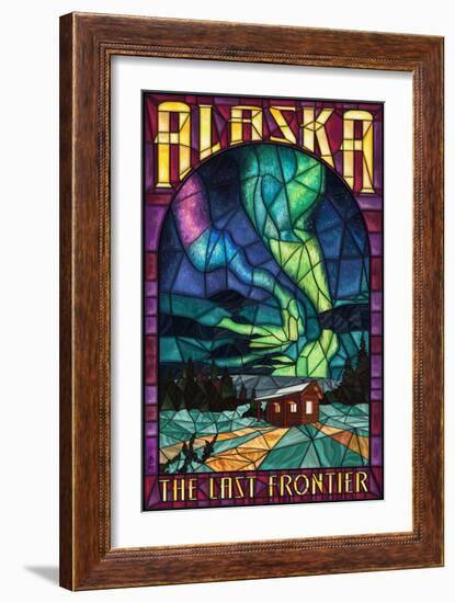 Alaska - Cabin and Northern Lights Stained Glass-Lantern Press-Framed Art Print