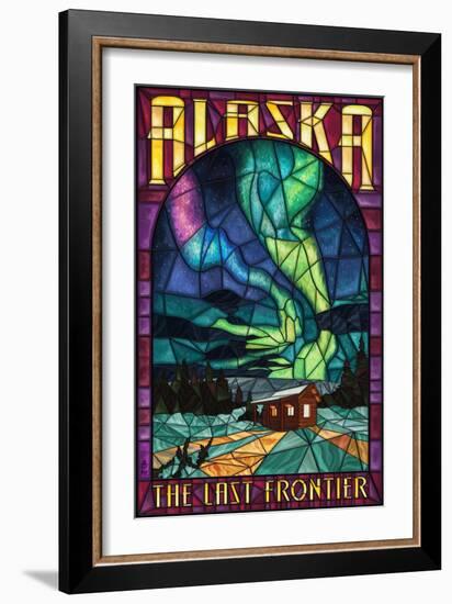 Alaska - Cabin and Northern Lights Stained Glass-Lantern Press-Framed Art Print