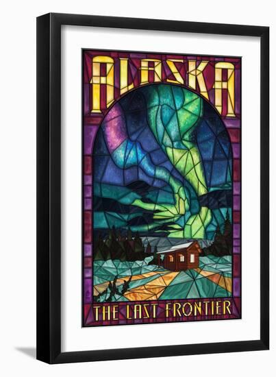 Alaska - Cabin and Northern Lights Stained Glass-Lantern Press-Framed Art Print