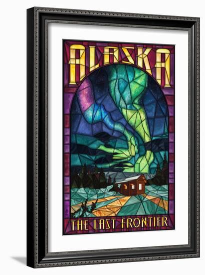 Alaska - Cabin and Northern Lights Stained Glass-Lantern Press-Framed Art Print